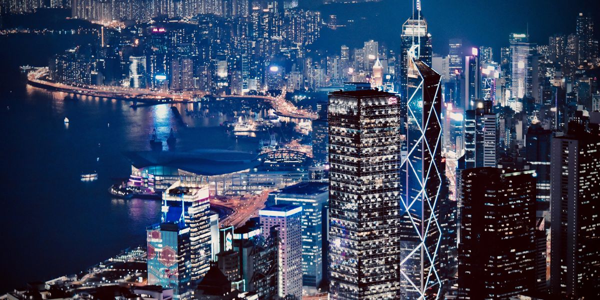 lighted city skyline at night hongkong