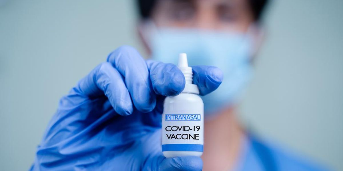Koronavírus elleni intranazális oltóspray-t a kezeiben tartó orvosi kéz