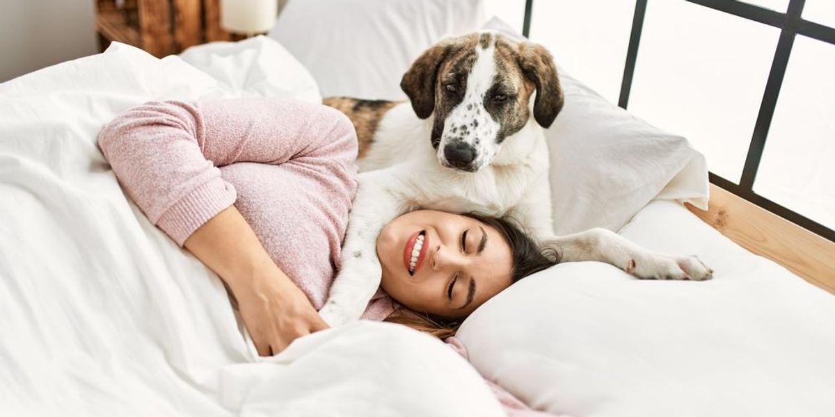 Kutyájával az ágyban alvó nő