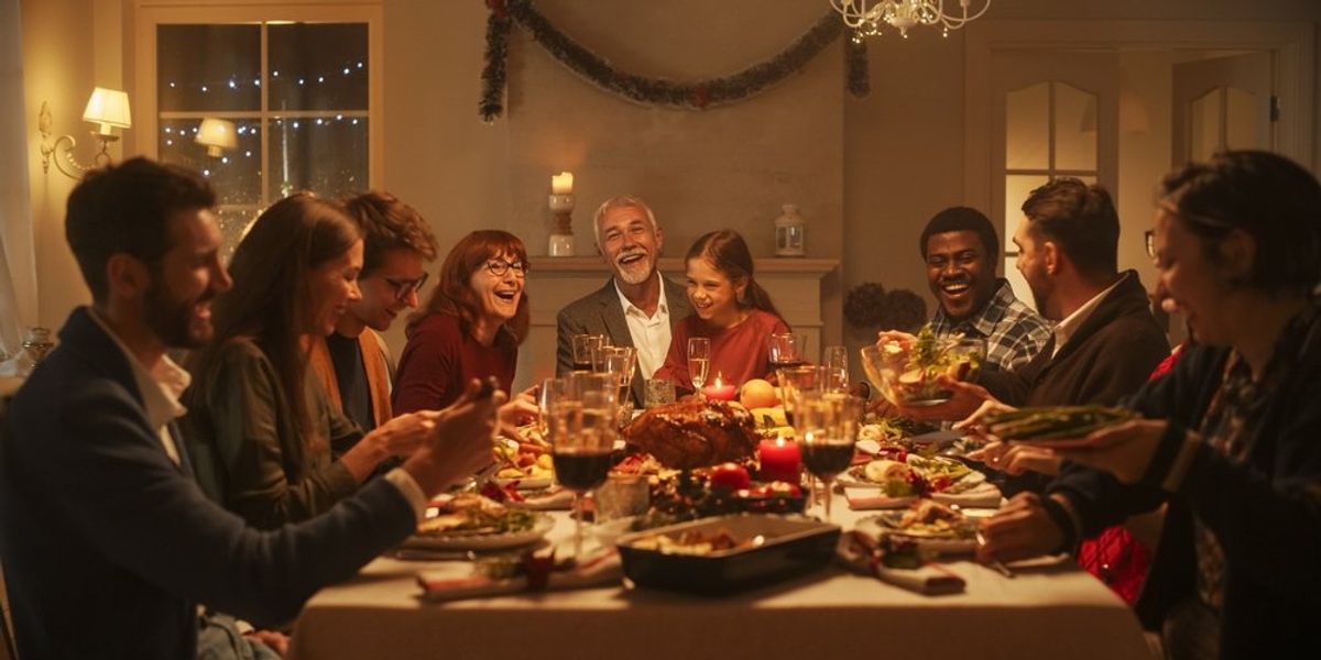Karácsonyi vacsorát megülő emberek az asztal körül
