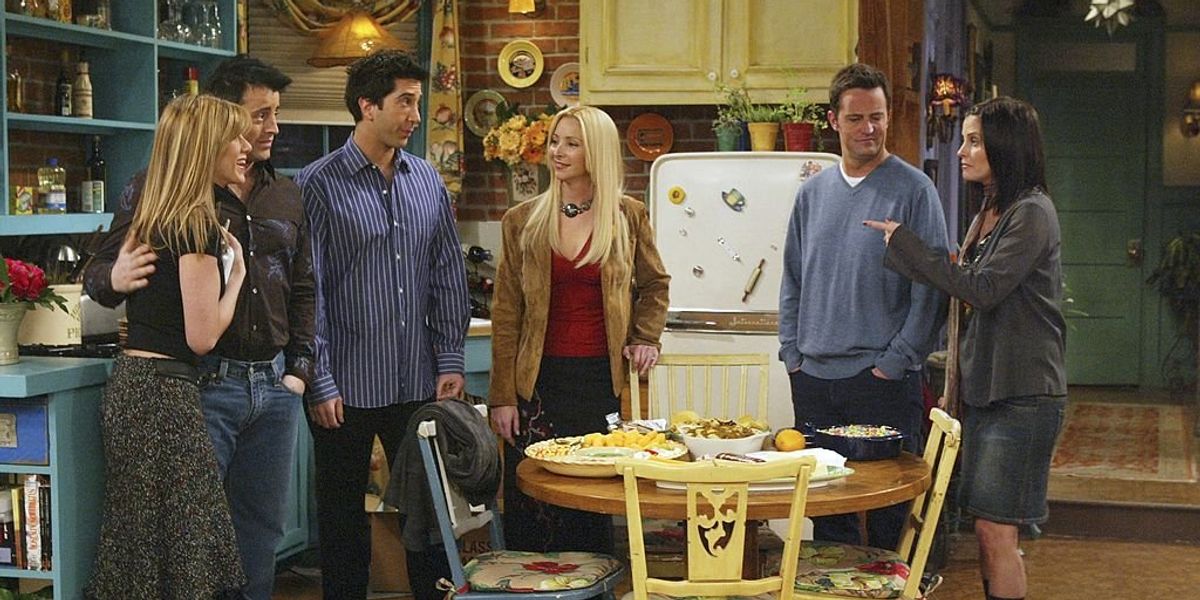 Jennifer Aniston, Matt LeBlanc, David Schwimmer, Lisa Kudrow, Matthew Perry és Courteney Cox a Jóbarátok című sorozat utolsó epizódjában