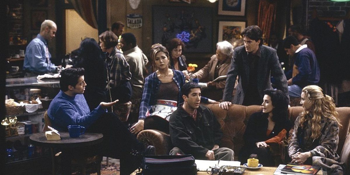 Matt LeBlanc, Jennifer Aniston, David Schwimmer, Matthew Perry, Courteney Cox és Lisa Kudrow a Jóbarátok című sorozatban