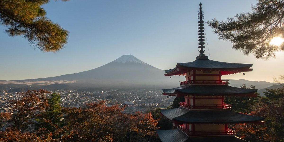 A Fuji-hegyre néző Chureito Pagoda Japánban