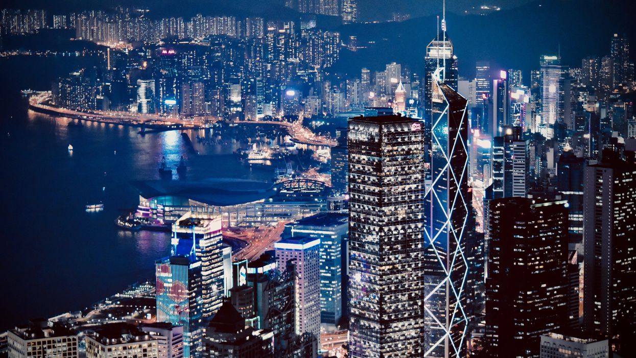 lighted city skyline at night hongkong