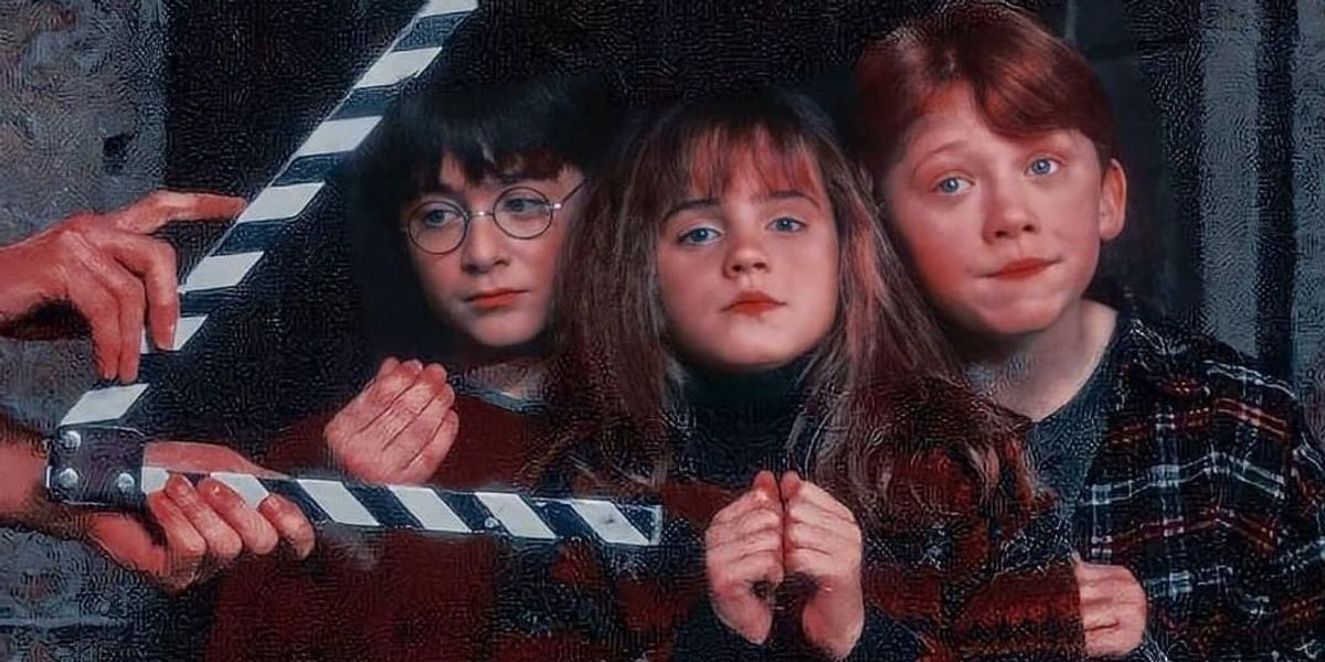 Daniel Radcliffe, Emma Watson és Rupert Grint a Harry Potter forgatásán