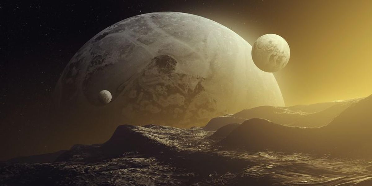 Egy bolygóról és holdjairól készített illusztráció