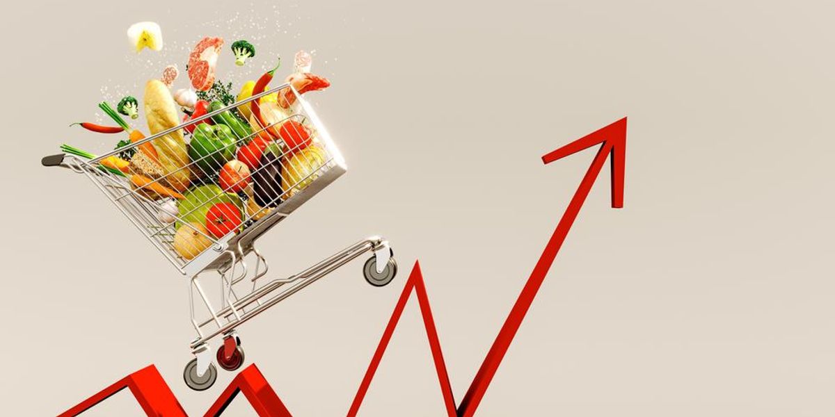 Bevásárlókocsi tele élelmiszerekkel, alatta felfelé mutató piros nyíl. Az élelmiszerárak emelkedő koncepciója. 