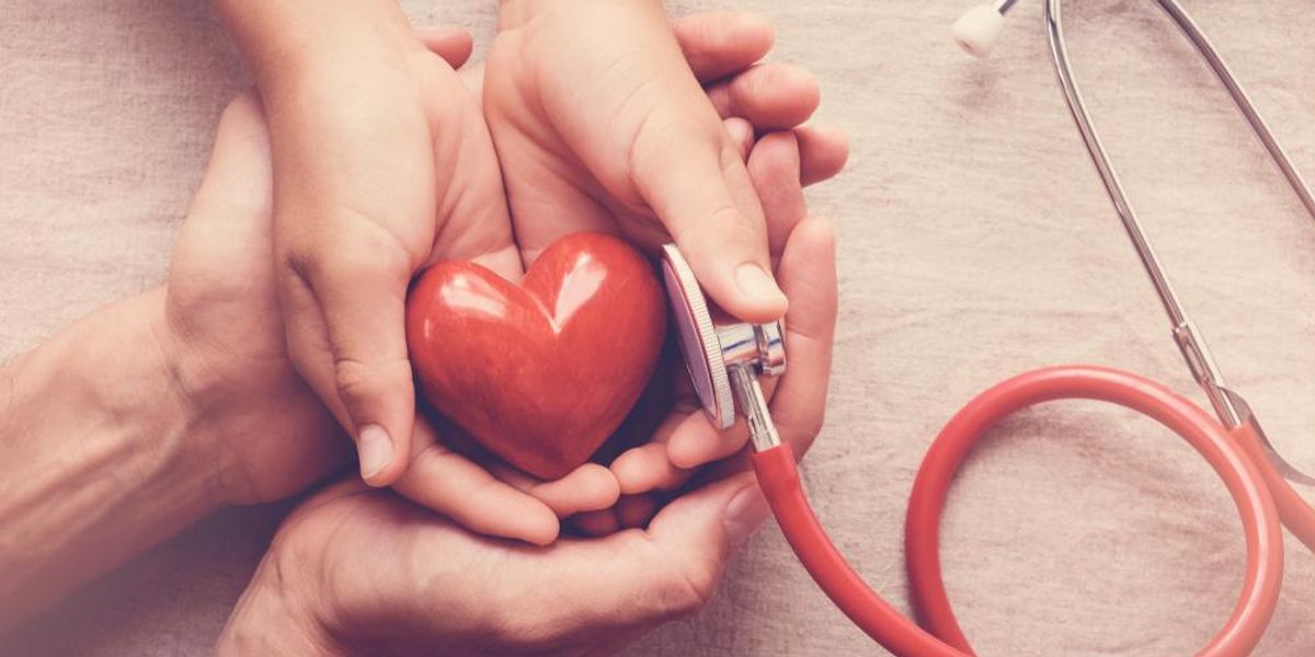 Piros szív forma emberi kezekben, amit egy sztetoszkóp vizsgál. Vérnyomás koncenpció