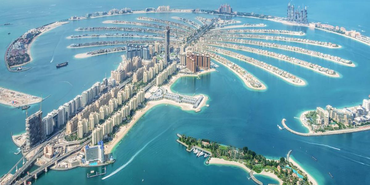 Légi felvétel a Dubai Palm Jumeirah szigetről, Egyesült Arab Emírségek