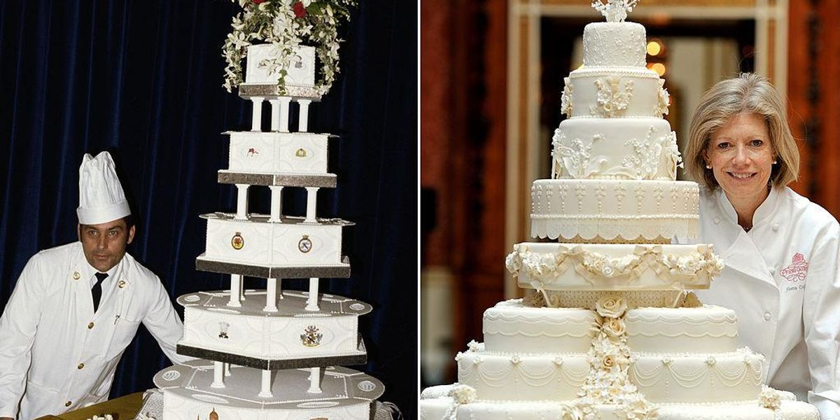 Károly walesi herceg és Diana hercegné esküvői tortája (balra), valamint Vilmos herceg és Katalin hercegné esküvői tortája (jobbra)