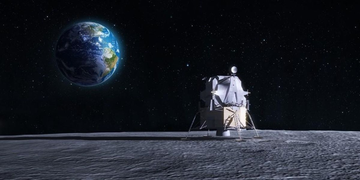 Egy, a Hold felszínén álló űrhajóról készített illusztráció