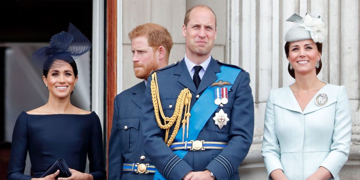 Meghan sussexi hercegné, Harry sussexi herceg, Vilmos cambrige-i herceg és Katalin cambridge-i hercegné a Buckingham-palota erkélyén 2018. július 10-én Londonban