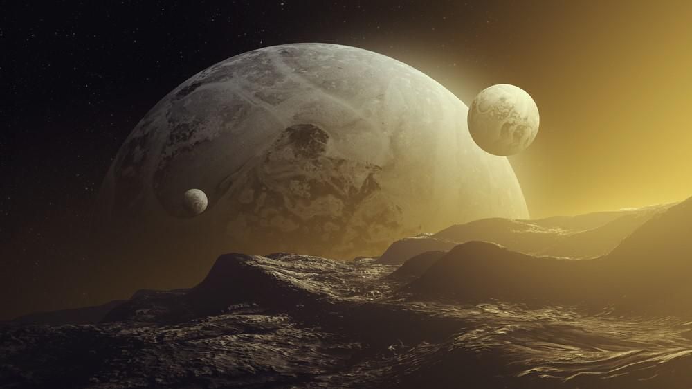 Egy bolygóról és holdjairól készített illusztráció