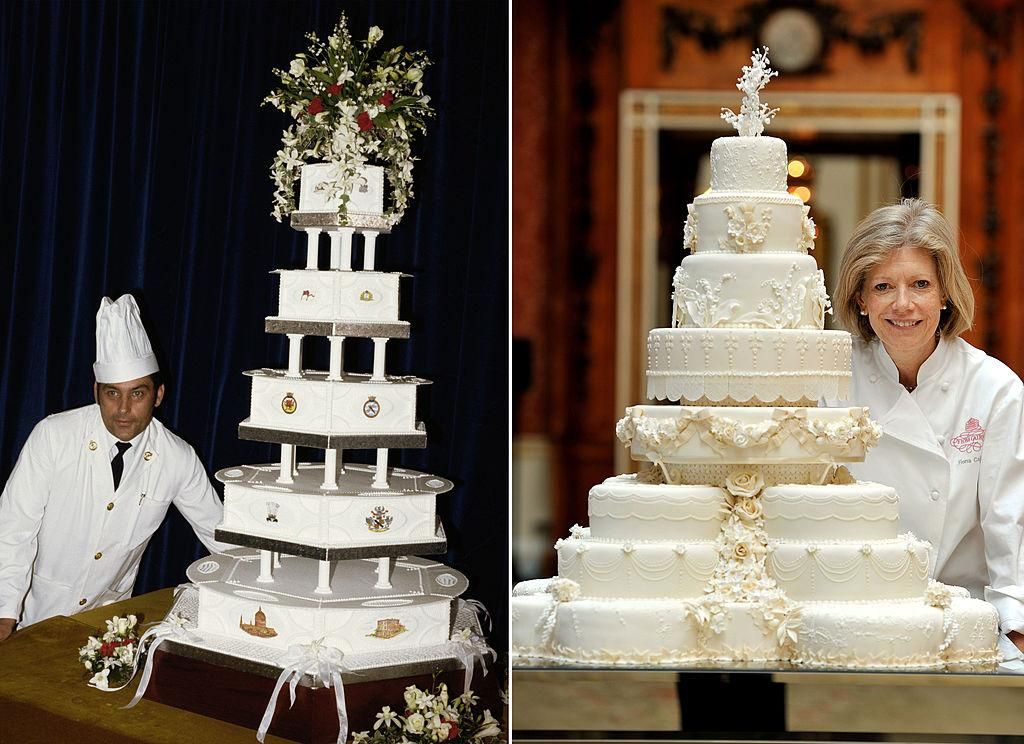 Károly walesi herceg és Diana hercegné esküvői tortája (balra), valamint Vilmos herceg és Katalin hercegné esküvői tortája (jobbra)