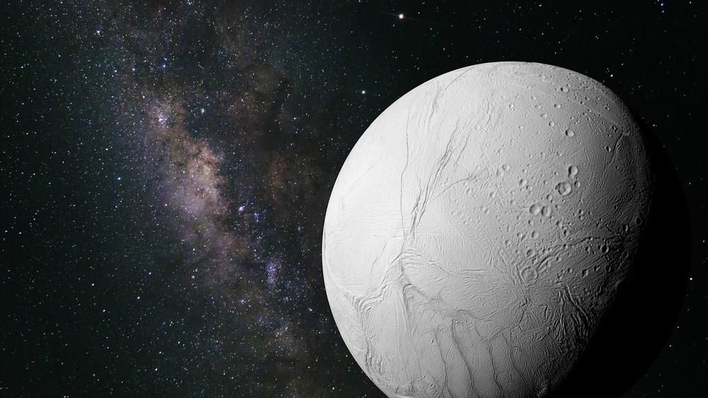 Egy illusztráció az Enceladus nevű holdról