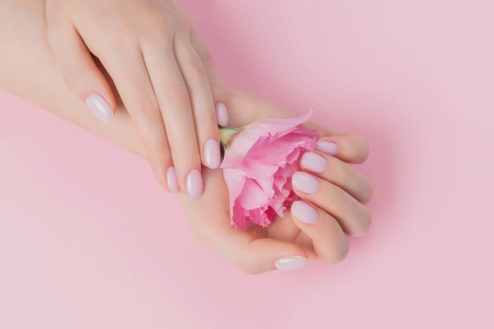 Női kéz, natúr manikűrrel egy virágot tart