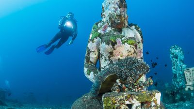 Egy búvár egy víz alatti szobrot figyel meg
