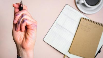 Egy balkezes ember ujjai írás után
